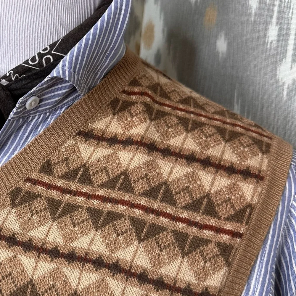 Ralph Lauren Purple Label Tan Multi Fair isle  Geometric V-Neck Sweater Vest